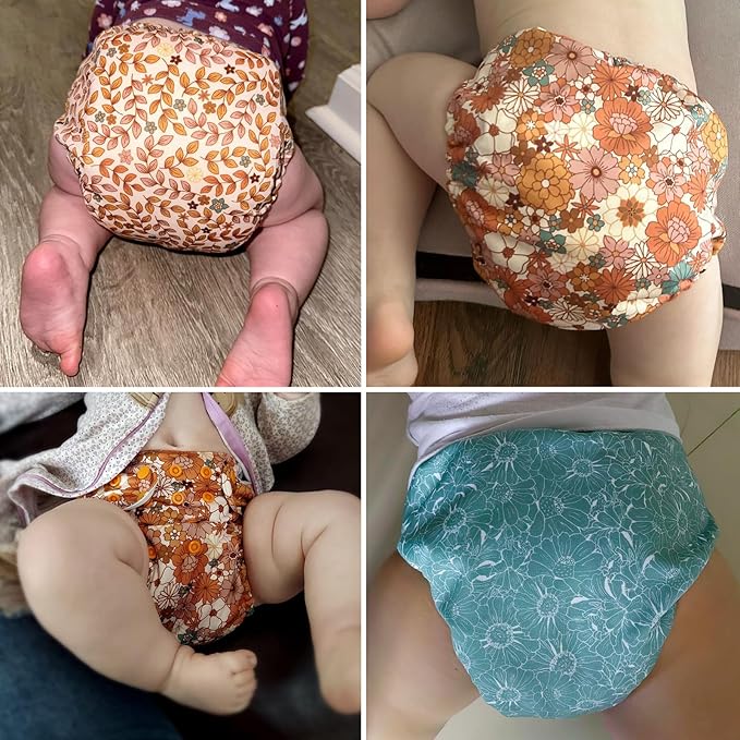 Mama Koala 3.0 Pocket Cloth Diapers for Babies with AWJ Lining, 6 Pack with 6 5-Layer Natural Cloth Diaper Inserts - Reusable and Washable Pocket Diapers(A-Little Daisies)