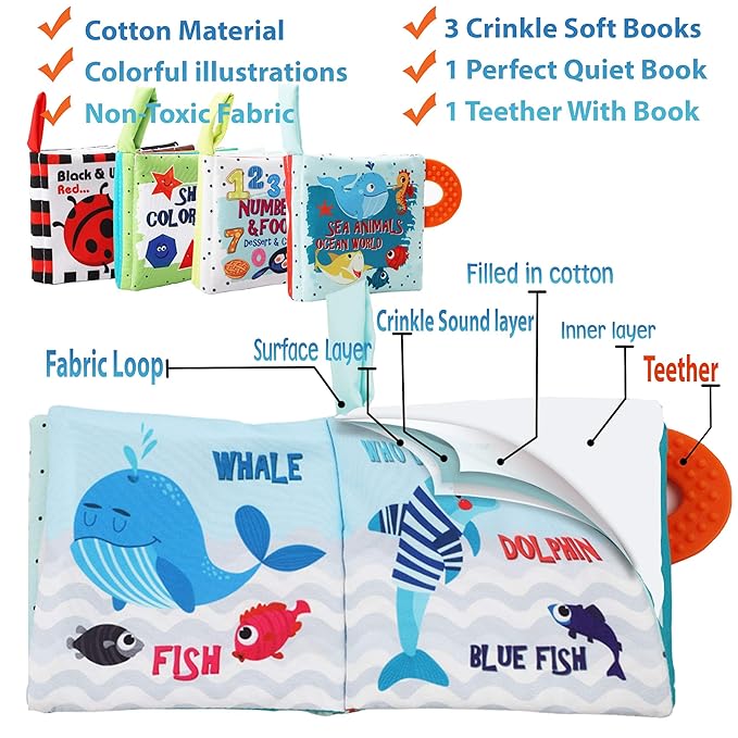 Baby Books Toys Gifts, Touch and Feel Cloth Crinkle Books for Babies,Infant Toddler Baby 0-3-6-12-18 Months,Early Learning Toys 6 to 12 Months 1-2 Years Old, Easter Shower Gift for Boys Girls,4 PCS