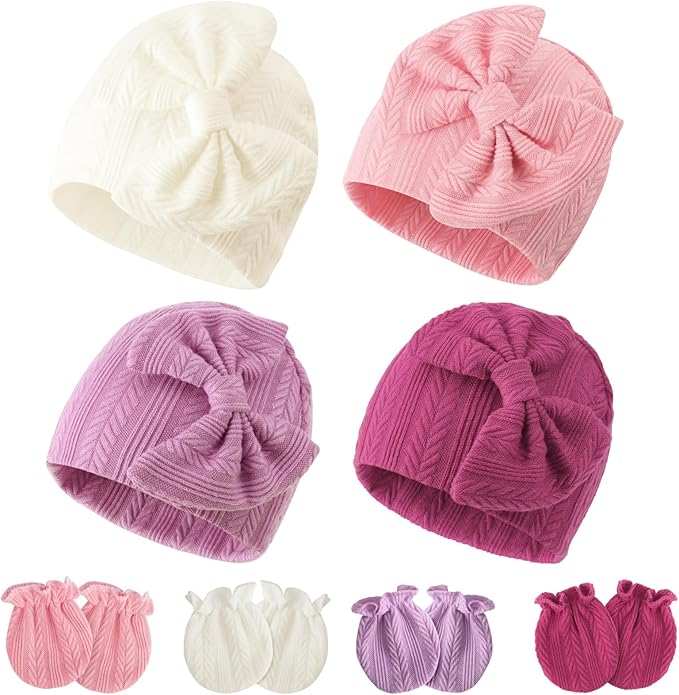 Newborn Baby Hats and Mittens Set Infant Bow Beanie Cap Toddler Gloves Newborn Hospital Hats for Baby Boy Girl 0-6 Months