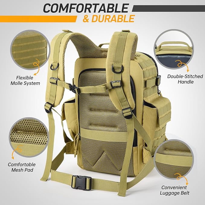 SHARKMOUTH Military Diaper Bag for Dad - Insulated Baby Diaper Backpack with Patches for Hiking Travel Camping - Baby Shower Gifts Tan