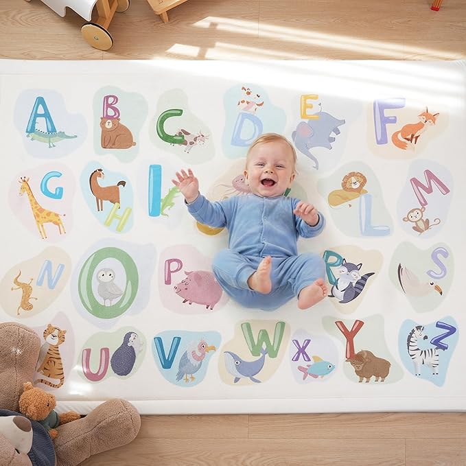 1.3" Thick Educational Baby Floor Play Mat 59x79, Basic Padded Memory Foam Kids Mat, Non-Slip Plush Playmat for Nursery Playroom Classroom (ABC Animal)