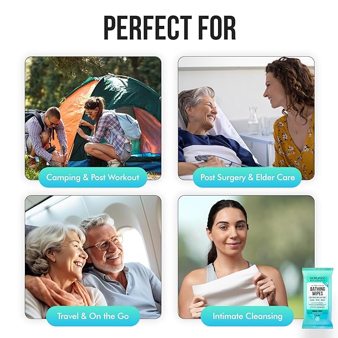 Extra Large Bath Wipes for Adults No Rinse - 80 Disposable Body Cleansing Cloths for Men, Women & Elderly - Great for Gym, Camping, Post Surgery