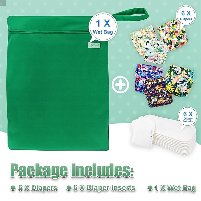 wegreeco Cloth Diapers 6 Pack with 6 Inserts & 1 Wet Bag, Washable Cloth Diapers for Babies, One Size Adjustable Reusable (Love, Flowers)