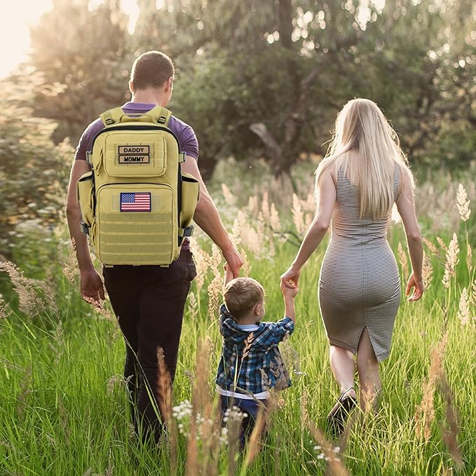 SHARKMOUTH Military Diaper Bag for Dad - Insulated Baby Diaper Backpack with Patches for Hiking Travel Camping - Baby Shower Gifts Tan