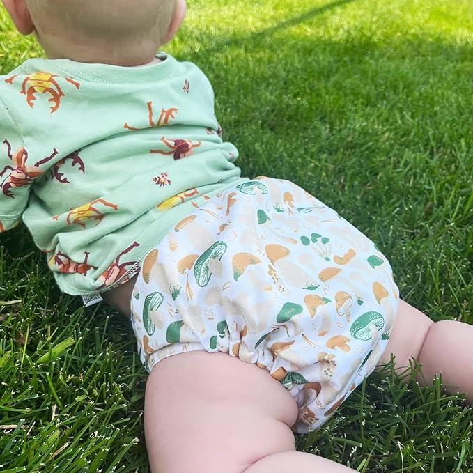 Mama Koala 3.0 Pocket Cloth Diapers for Babies with AWJ Lining, 6 Pack with 6 5-Layer Natural Cloth Diaper Inserts - Reusable and Washable Pocket Diapers(A-Mushrooms)