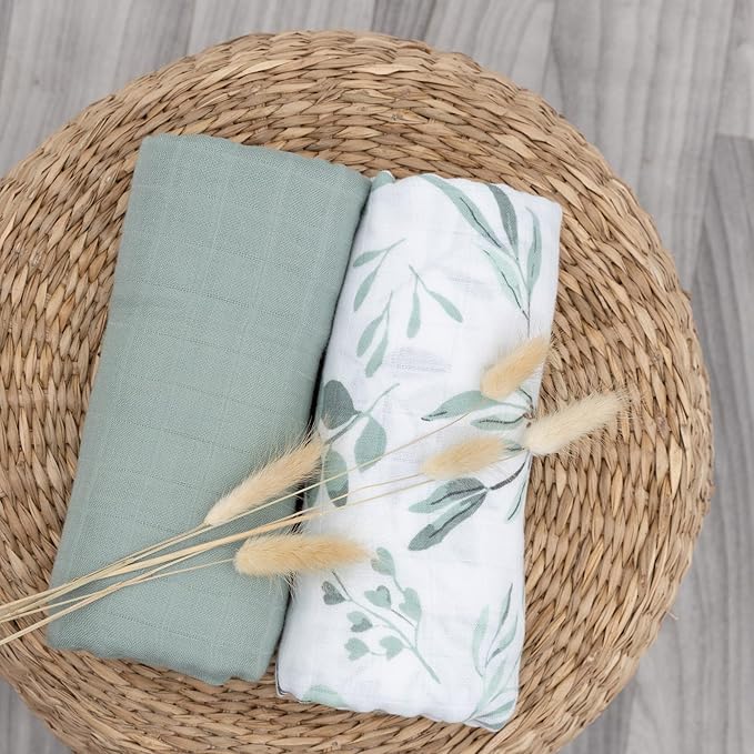 Organic Baby Muslin Swaddle Blankets for Boy or Girl - Eucalyptus Leaves and Sage Swaddling Blanket 2 Pack - Soft Muslin, XLarge and Breathable, Boho Baby, 47" X 47"