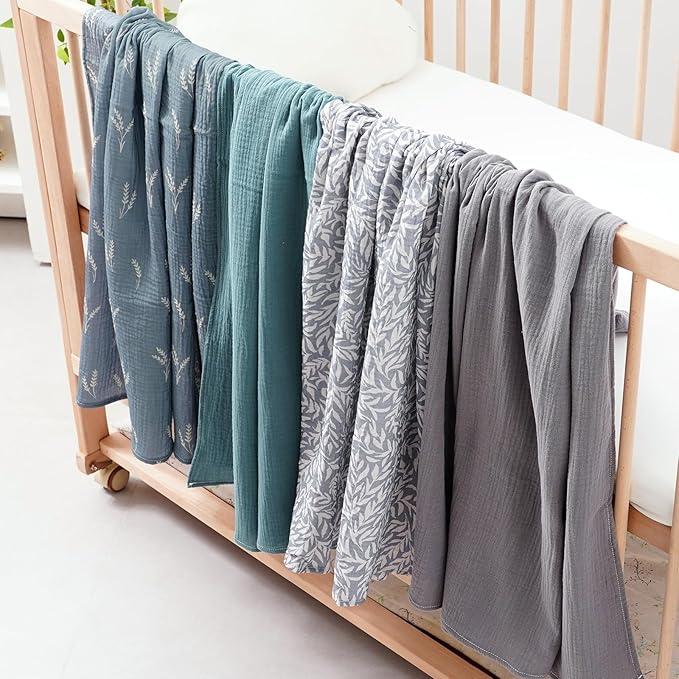 Happy Flute 4Set Muslin Swaddle Blankets–Ultra Soft Baby Blanket for Newborns,Receiving Blankets for Baby Girls & Boys–Baby Essentials 0-3 Years,40x40inches (Leaf)