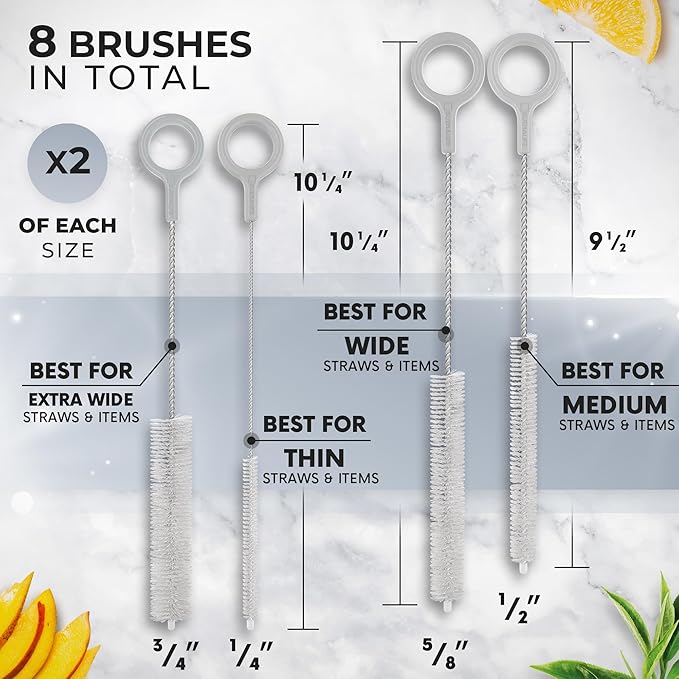 Heavy Duty Cleaning Brushes Set of 8 - Extra Long Straw Cleaners for Metal and Plastic Reusable Drinking Straws, to Clean Small Spaces, Sippy Cups, Water Bottles - Sturdy Hard Brush Bristles