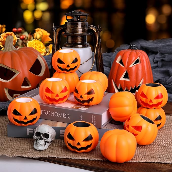 Tlswshsy 12 Pcs Halloween Pumpkin Squishy Toy, 2 Colors Pumpkin Relieve Stress Fidget Toys, Squeeze Sensory Ghost Toys for Halloween Party Decoration Trick or Treat Office Toy