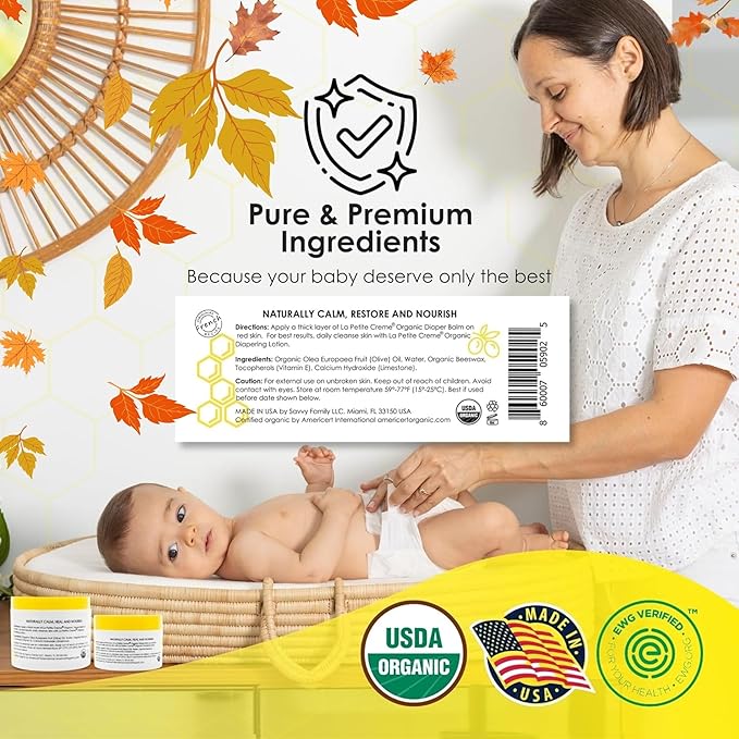 La Petite Creme French Organic Diaper Balm (1 oz) - Healing & Nourishing Diaper Cream - Gentle & Safe Liniment Baby Lotion - USDA Certified Organic - Baby Essentials for Newborn