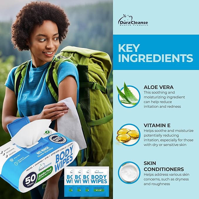 XL Body Wipes - (4 Pack) 200 Shower Wipes + 16 Travel Bath Sheets for Adults - 9"x12" Cleansing No Rinse Disposable Wash Cloths for Elderly Incontinence, After Surgery Must Haves & Recovery Supplies