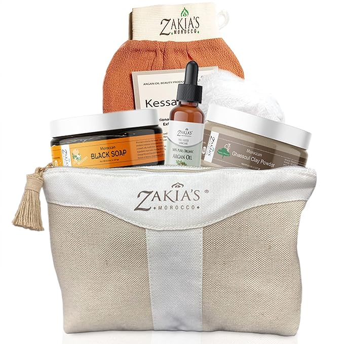 Moroccan Hammam Spa Rejuvinating Ritual Beauty Skincare Kit - 6 piece, Moroccan Orange Blossom Black Soap, Body Clay, Argan Oil, Pure & Natural, Purifying, Cleansing, exfoliating for every skin type.