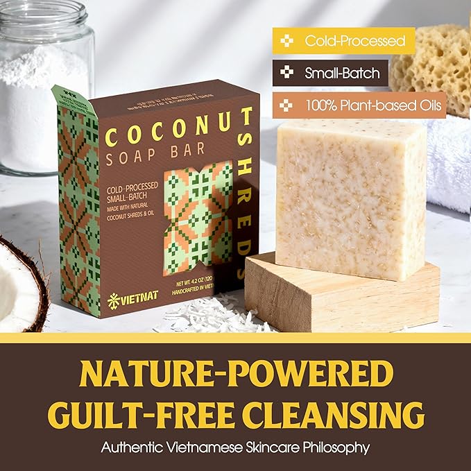 Coconut Shreds Soap Bar (Pack of 5) – Exfoliating & Moisturizing 2-in-1 Body Soap, Cold Process Handmade Bar with Coconut Milk & Oil, Gentle Daily Cleanser