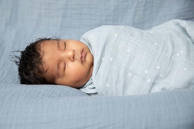 Sticky Toffee Muslin Swaddle Baby Blanket, Blue Gray Stars, 47 x 47 in, Soft Breathable Oeko-Tex Cotton Newborn Wrap and Receiving Blanket