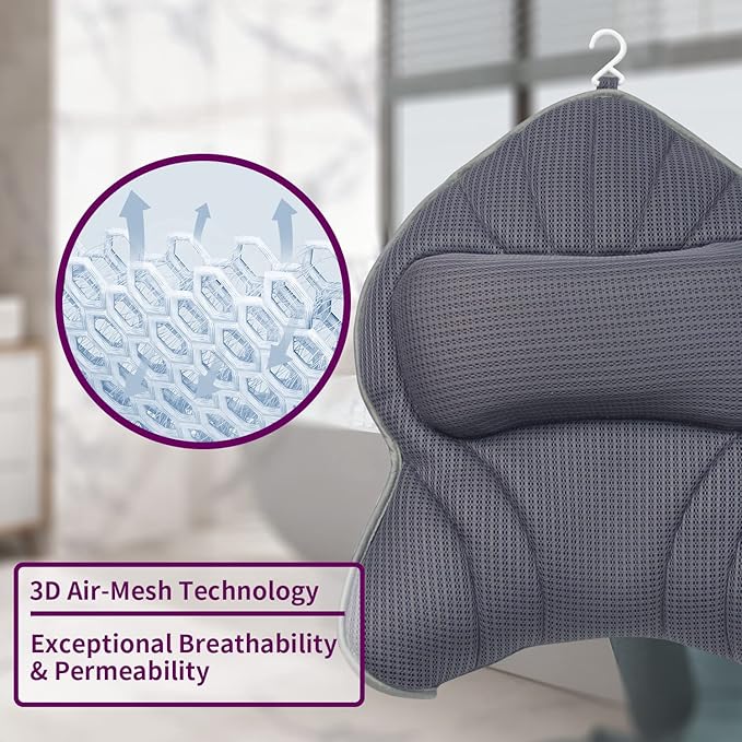 Extra Thick Large Bath Pillow with Neck,Back,Head Support for Bathtub, Spa, Soaking Gray(21''x17'')