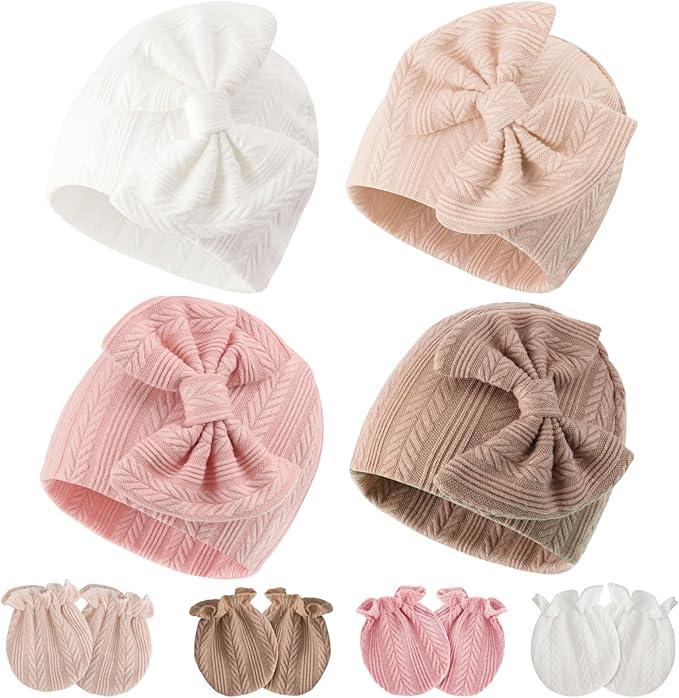 Newborn Baby Hats and Mittens Set Infant Bow Beanie Cap Toddler Gloves Newborn Hospital Hats for Baby Boy Girl 0-6 Months