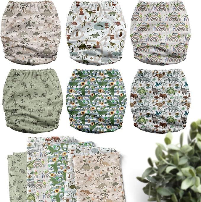 Mama Koala 3.0 Pocket Cloth Diapers for Babies with AWJ Lining, 6 Pack with 6 4-Layer Natural Cloth Diaper Inserts - Reusable and Washable Pocket Diapers(Cute Dinosaurs)