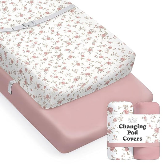 Sorrel + Fern Baby Changing Pad Cover 2-Pack for Girls (Juliette) - Premium Fitted Sheets Baby Diaper Changing Table Cover - Buttery Soft Cotton Blend