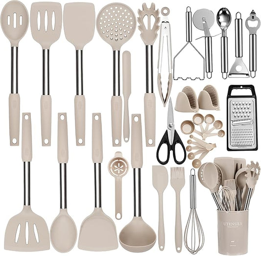 Silicone Cooking Utensils Set, NCUE 35 Pcs Kitchen Utensils Set with Holder, with Stainless Steel Handle Spatula Set, Spoons, Pasta Server, Cheese Grater, Masher, Scissors, Dishwasher Safe (Khaki)