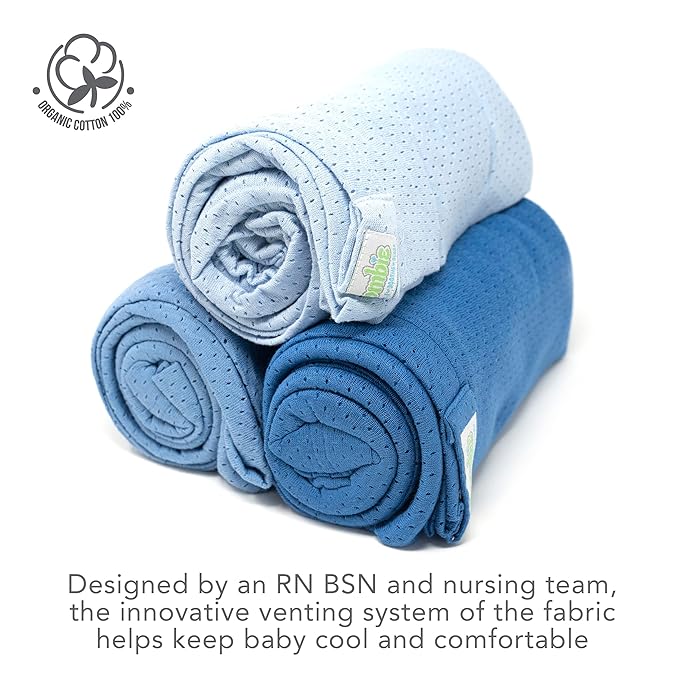 Woombie Organic Cotton Airwrap Baby Swaddling Blanket Set - Lightweight, Multi-Use Receiving Blankets - Set of 3, 44 x 44 inches - Blues