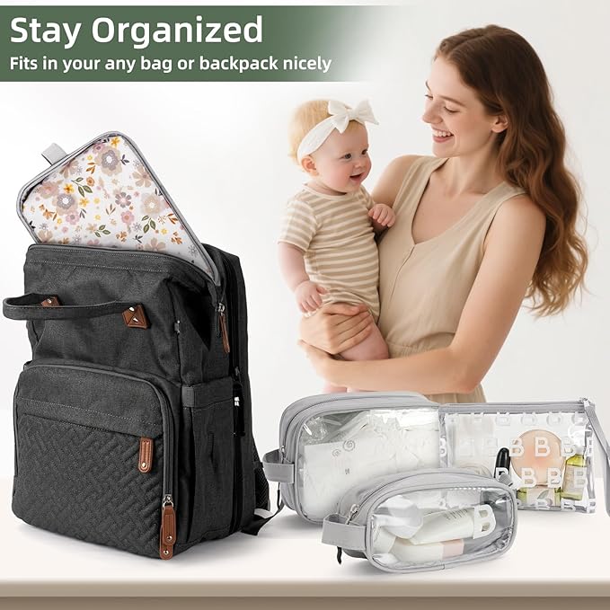 4-Piece Diaper Bag Organizer Pouch Set - Clear Waterproof Travel Toiletry Packing Cubes, Baby Essentials Organizing Bags for Nursery, Grey