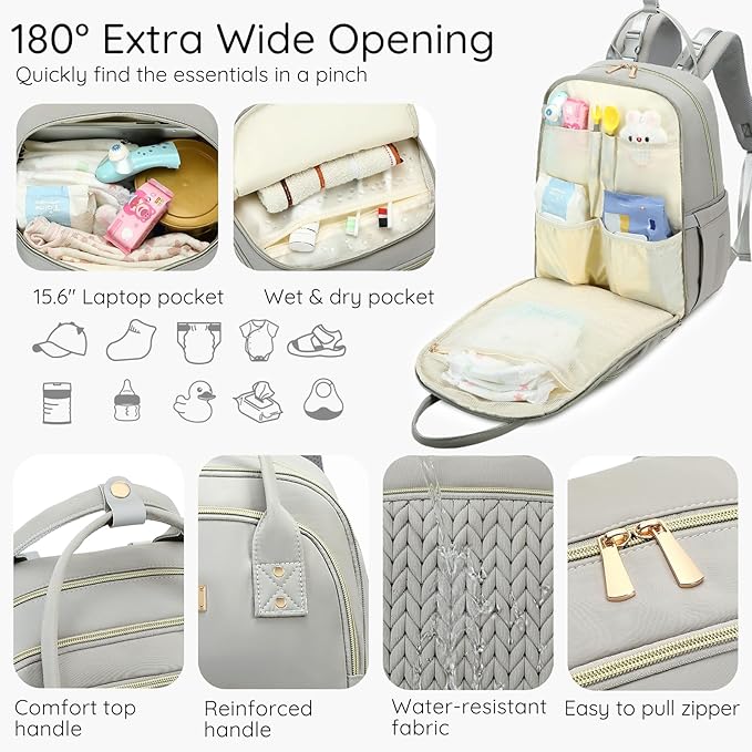 Diaper Bag Backpack - Large Multi functional, Boys, Girls & Baby Travel Essentials Tote with Changing Pad, Insulated Pockets, Stroller Straps, Waterproof - Baby Backpack for Mom & Maternity (Gray)