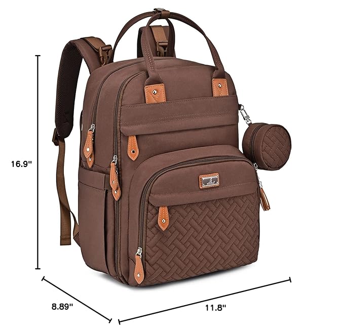 BabbleRoo Diaper Bag Backpack - Baby Essentials Travel Tote - Multi Function Water Resistant Diaper Bag, Travel Essentials Baby Bag with Changing Pad, Stroller Straps & Pacifier Case - Unisex, Brown