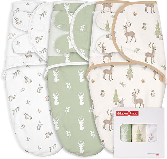 GLLQUEN BABY Girl Swaddles 0-3 Months - 3 Pack Baby Swaddles Sack for Newborn, Infant Sleep Sack, Easy Swaddling Wrap, Christmas Forest Carol, Nursery Swaddle Blankets Essentials