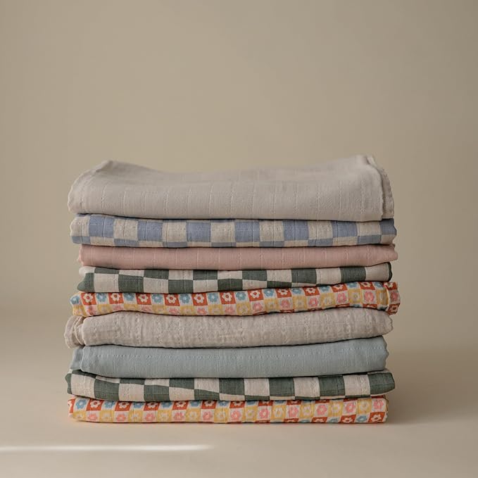 mushie Muslin Baby Swaddle Blanket | 100% Organic Cotton (Happy Flowers Check)