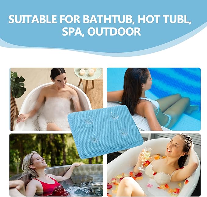 MABOZOO Bath Cushion for Tub with Powerful 4 Non-Slip Suction Cups,Quick Dry Mesh Bathtub Mat,Spa Pillow Bath Accessories for Adults Indoor Outdoor (Blue)