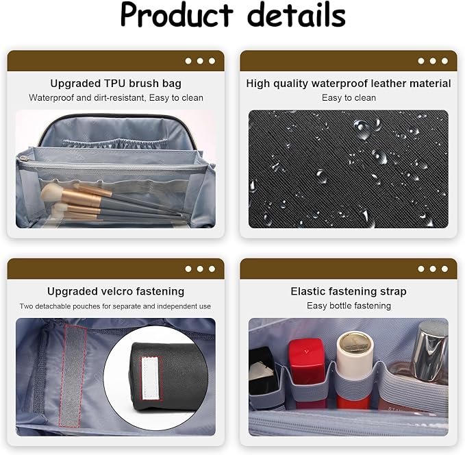 BOYATU Travel Makeup Bag Organizer Cosmetic Bag: 3 Pcs Set Make up Bags for Women with Handle - Waterproof Vegan Leather Toiletry Bags Travel Essentials Pouch with Compartments (D-03-Black)