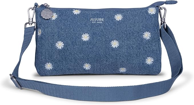 JuJuBe 3-Piece Pouch Set Diaper Bag Organizing Pouches, Perfect for Travel, On The Go, Zipper Cosmetic Makeup Bag or Diaper and Wipes Storage Pouch, Large, Medium, & Small, Denim & Daisies (Blue)