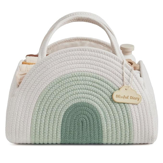 Blissful Diary Baby Diaper Caddy Organizer, Cotton Rope Diaper Caddy Basket, Large Storage Basket for Newborn Boys and Girls, Gift for Baby Shower List, Newborn Essentials, Mint Rainbow