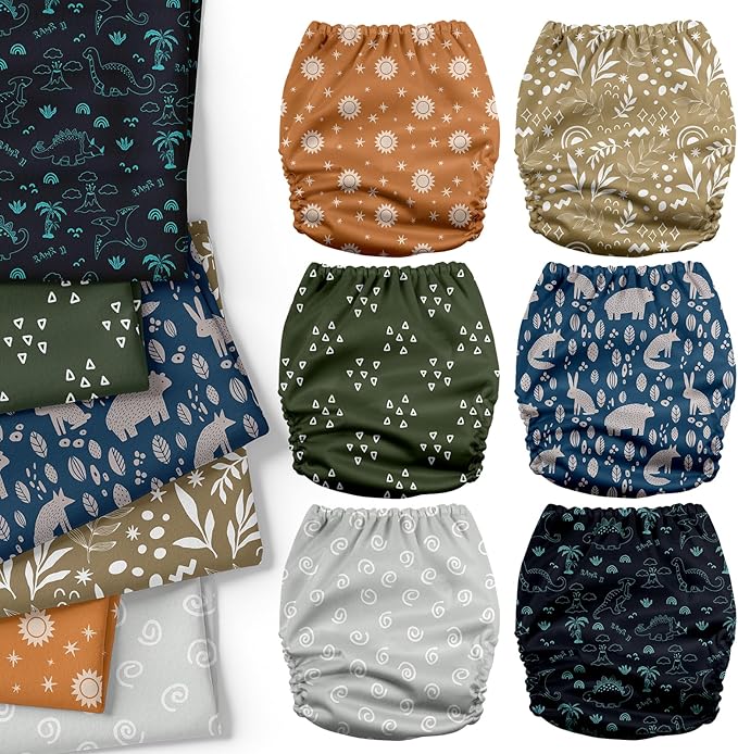 Mama Koala 3.0 Cloth Diapers for Babies with AWJ Lining, 6 Pack with 6 Natural Cloth Diaper Inserts - Reusable and Washable Pocket Diapers (Natural Elements)