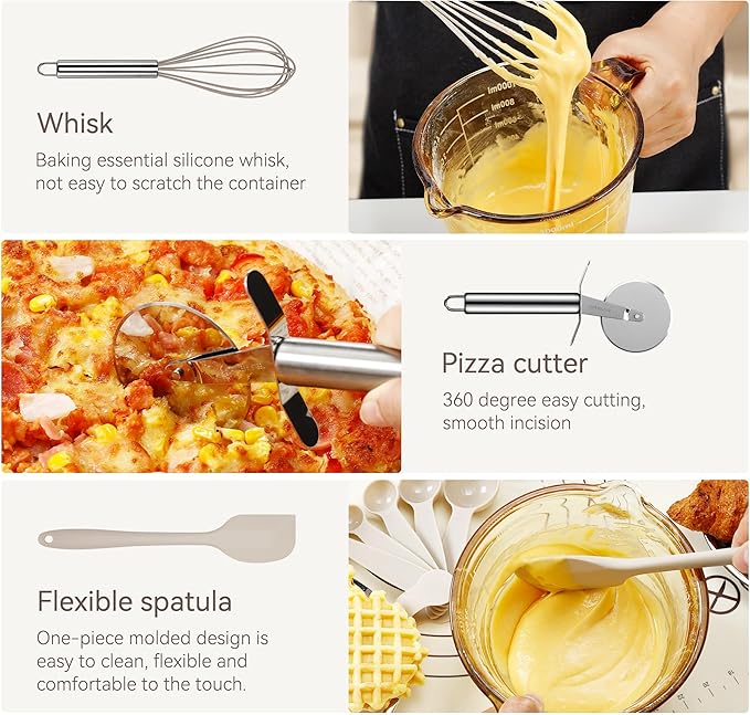 Silicone Cooking Utensils Set, NCUE 35 Pcs Kitchen Utensils Set with Holder, with Stainless Steel Handle Spatula Set, Spoons, Pasta Server, Cheese Grater, Masher, Scissors, Dishwasher Safe (Khaki)