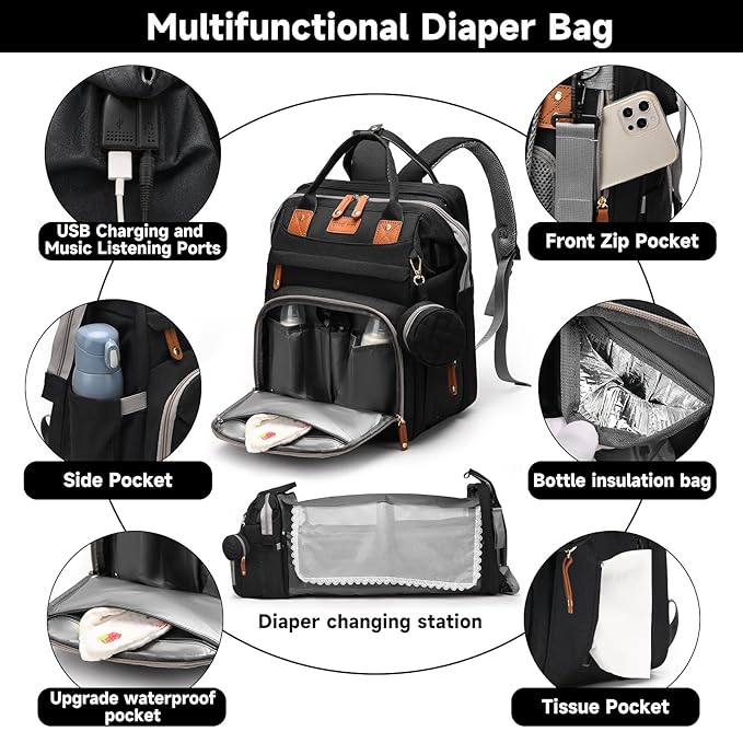 Baby Diaper Bag Backpack Diaper Bag Multifunctional Waterproof Diaper Bag with Changing Station Travel Diaper Backpack with Changing Pad, Pacifier Case & Stroller Straps(Black)