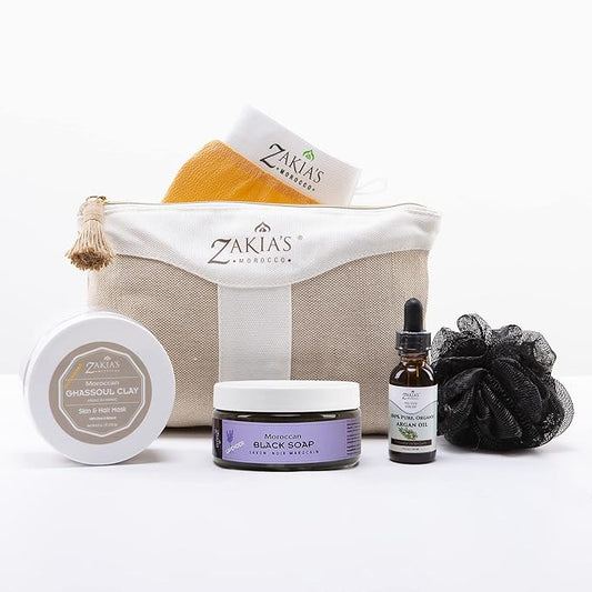 Moroccan Hammam Spa Rejuvinating Ritual Beauty Skincare Kit - 6 piece, Moroccan Lavender Black Soap, Body Clay, Argan Oil, Pure & Natural, Purifying, Cleansing, exfoliating for every skin type.