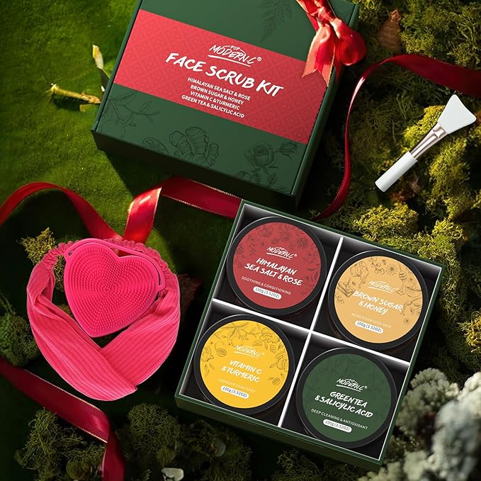 Face Scrub Gift Set Exfoliating Face Wash Microdermabrasion Facial Scrub Exfoliator Turmeric Vitamin C, Brown Sugar Honey, Green Tea Salicylic Acid, Himalayan Salt Rose Christmas Birthday Gifts 4x100g