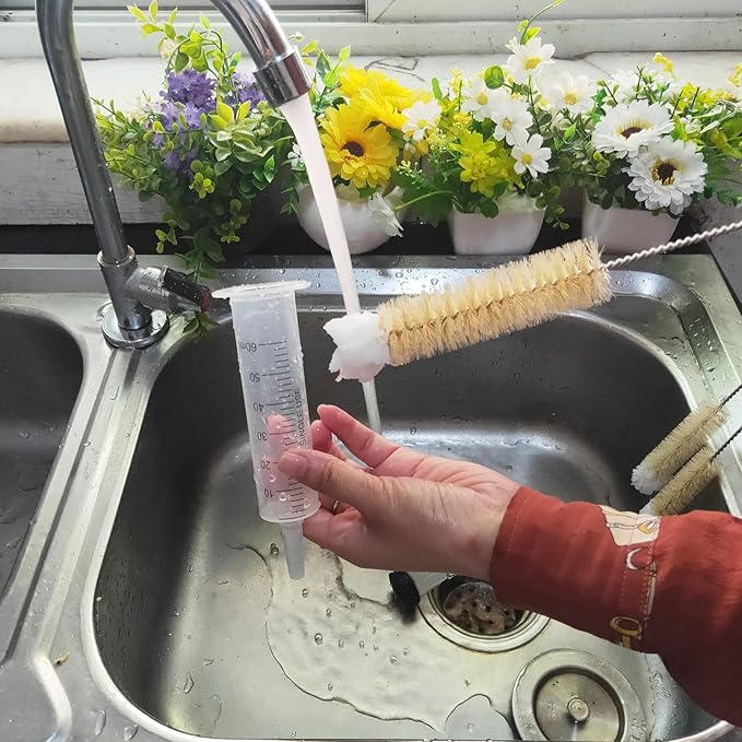 NewFerU Stainless Steel Soda Bottle Cleaning Brush Set in Natural Boar Bristle Wool Tip Long Handle, Flexible Bendable Thick Wire Cleaner for Narrow Neck Water Baby Bottles Straw Pipe Tube Flask (5)