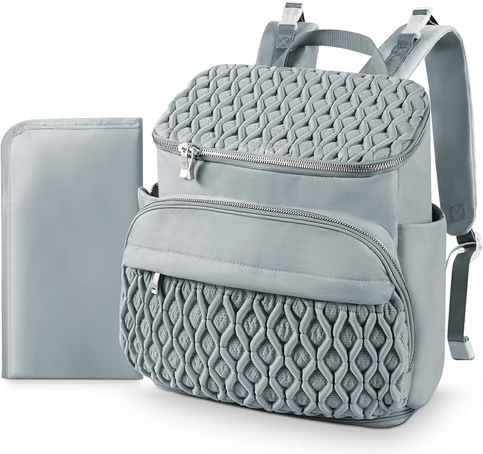 Baby Diaper Bag, Multi-Function Baby Bag for Mom Dad, Diaper Backpack with Changing Pad Stylish Pañaleras para Bebe Stroller Straps, Newborn Baby Essentials Must Haves for Women Grey Green