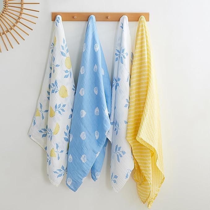 Viviland Muslin Swaddle Blankets, Swaddle Wrap for Boys and Girls, Breathable and Skin-Friendly Baby Receiving Blankets, Baby Essentials, 4-Pack Lemon & Leaves, 47 x 47 inches