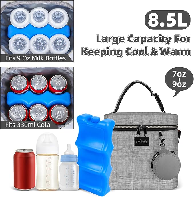 Breastmilk Cooler Bag with Ice Pack, Insulated Baby Bottle Tote Bag for 6 Bottles Up to 9 oz, Clip-On Pouch for Baby Essentials, Leakproof, Waterproof, Shoulder Strap for Nursing Moms