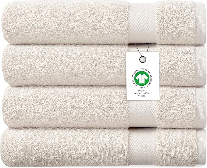 Delara Organic Cotton Luxuriously Plush Bath Towel Pack of 4 | GOTS & OEKO-TEX Certified | Premium Hotel Quality Towels | Feather Touch Technology|650 GSM Long Staple|Soft, Quick Dry & Ultra-Absorbent