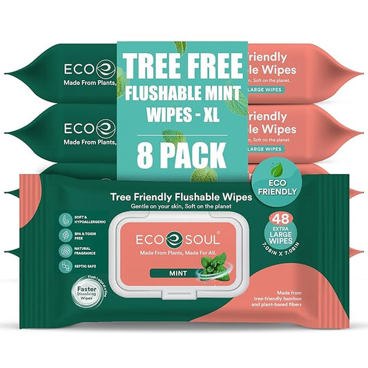 ECO SOUL Bamboo Flushable Wipes For Adult- Mint 384 Wipes |8 Pack of 48| Eco-Friendly Wipes| 99% Purified Water, Hypoallergenic, Soft Wipes, BPA & Paraben free
