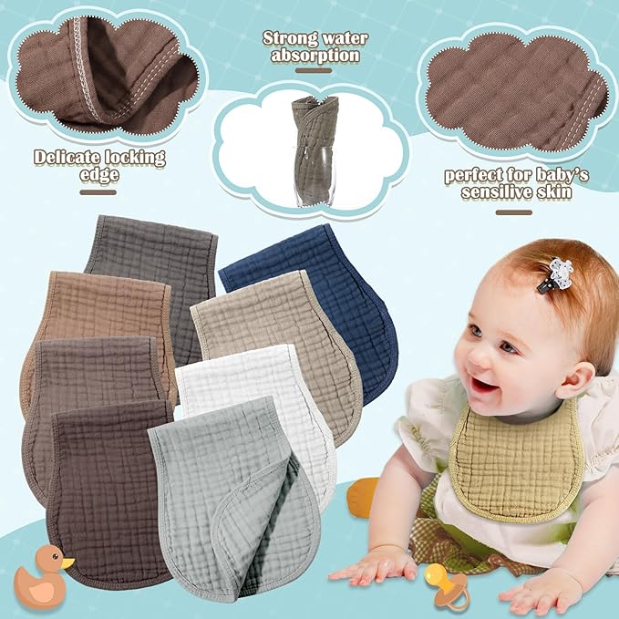 Frienda 8 Pieces Muslin Burp Cloths for Baby Cotton Burp Cloth 10 x 20 Inches Multi Colors Muslin Washcloths Diapers 4 Absorbent Layers Newborn Face Towels for Baby Boy Girl Unisex (Dark Color)