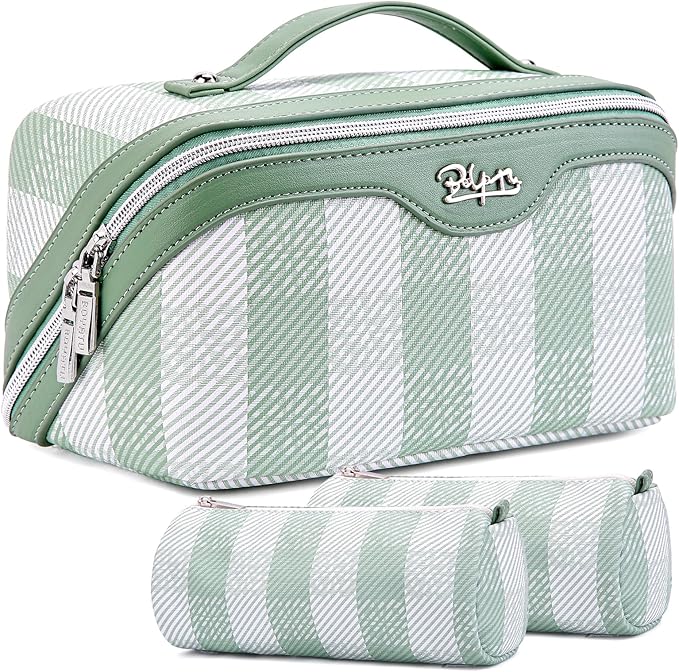BOYATU Travel Makeup Bag Organizer Cosmetic Bag: 3 Pcs Set Make up Bags for Women with Handle - Waterproof Vegan Leather Toiletry Bags Travel Essentials Pouch with Compartments (F-02-Green)