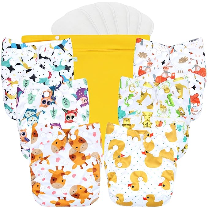 wegreeco Cloth Diapers 6 Pack with 6 Inserts & 1 Wet Bag, Washable Cloth Diapers for Babies, One Size Adjustable Reusable (Bright Animals)