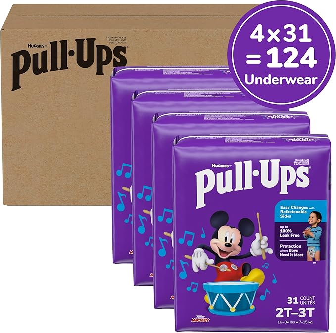 Pull-Ups Boys' Potty Training Pants, Size 2T-3T Training Underwear (16-34 lbs), 124 Count (4 Packs of 31), Packaging May Vary