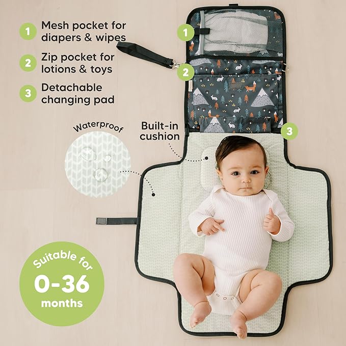 KeaBabies Portable Diaper Changing Pad - Large Waterproof Baby Changing Mat, Compact Travel Diaper Clutch, Functional Pockets Fit Newborn Essentials, Wipeable & Padded Baby Changer (Woods)
