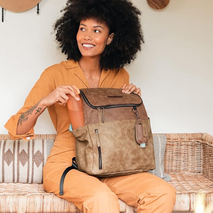 Petunia Pickle Bottom Tempo Backpack, Designed for Busy Families, Attaches to Stroller or Suitcase, Spacious Main Compartment, Brioche